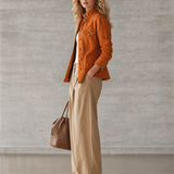 Women's Orange Stand-Collar Utility Jacket Metal Button Fitted Field Coat