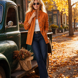 Women's Orange Stand-Collar Utility Jacket Metal Button Fitted Field Coat