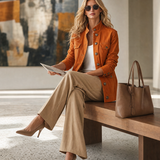Women's Orange Stand-Collar Utility Jacket Metal Button Fitted Field Coat