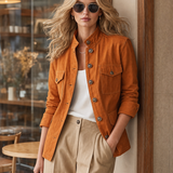 Women's Orange Stand-Collar Utility Jacket Metal Button Fitted Field Coat