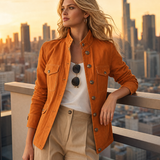 Women's Orange Stand-Collar Utility Jacket Metal Button Fitted Field Coat