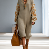 Women's Collared Floral-Panel Drop-Shoulder Balloon-Sleeve Relaxed Knit Midi Dress MDZ2602H8CMX