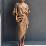 Women's Modern Khaki Linen Blend Draped Asymmetric Short Sleeve