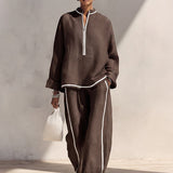 Women's Light‑Blue Linen Fabric Stand‑Collar Half‑Zip Oversized Top & Wide‑Leg Pants Set