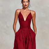Women's Red Linen Jumpsuit With Spaghetti Straps & High-Waisted Pleated Pants, Timeless Romantic-Elegant Style Jumpsuit MDZ1915C8I