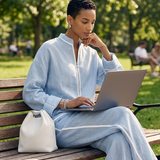 Women's Light‑Blue Linen Fabric Stand‑Collar Half‑Zip Oversized Top & Wide‑Leg Pants Set