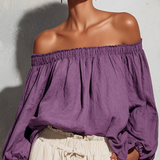 Women's Casual Style Purple Cotton And Linen Off-shoulder Long Lantern Sleeve Top MDZ0697E3GMJ