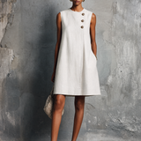 Women's Minimalist Commuter Style Navy Blue Linen Round Neck Asymmetric Buttons Side Pocket Sleeveless Mini Dress MDZ0395F6GMJ