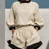 Women’s Beige Linen-Blend Contrast Ruffle Trim Long Sleeve Blouse & High-Waisted Ruffle Hem Shorts Two-Piece Set MDZ1018D0T