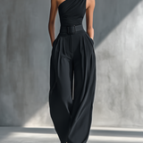 Women's Black Draped Wide-Leg Trousers MDZ2483B4T