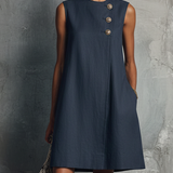 Women's Minimalist Commuter Style Navy Blue Linen Round Neck Asymmetric Buttons Side Pocket Sleeveless Mini Dress MDZ0395F6GMJ