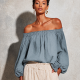 Women's Casual Style Purple Cotton And Linen Off-shoulder Long Lantern Sleeve Top MDZ0697E3GMJ