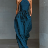 Women's Navy Blue Linen Fabric Cross Halter Wide-Leg Jumpsuit With Tie Waist & Side Pockets MDZ0455B5T