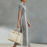 Women's Grey Stretchy Knit Zip Polo Collar & Vertical Side Stripes Maxi Dress MDZ2497F8LYL