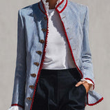 Elegant Vintage Ruffled Stand Collar Lace Trim Blue And White Striped Jacket