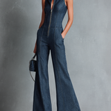 Women's Retro Style Dark Blue Denim Sleeveless High-Neck Flared Jumpsuit With Front Zipper MDZ1239B2BA