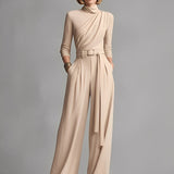 Women's Neutral-colored Cotton Blend Knit Jumpsuit With Gathered Waist MDA1516L0I