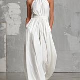 Women's Elegant White Woven Sleeveless Halter-neck Jumpsuit MDZ0554A3AN