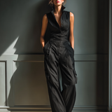 Women's Black Cotton And Linen Blend Sleeveless Collared Jumpsuit With Cargo Pockets MDZ0908A3T