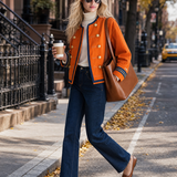 Women's Orange Military Jacket Double-Breasted Gold Button Oversized Band Coat