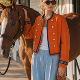 Women's Orange Military Jacket Double-Breasted Gold Button Oversized Band Coat