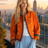 Women's Orange Military Jacket Double-Breasted Gold Button Oversized Band Coat