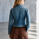 Cropped Fitted Denim Jacket Women Gold Buttons Asymmetric Hem Western Fall