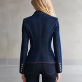 Slim Fit Women's Denim Blazer Gold Buttons Contrasting Trim
