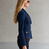 Slim Fit Women's Denim Blazer Gold Buttons Contrasting Trim