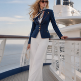 Slim Fit Women's Denim Blazer Gold Buttons Contrasting Trim