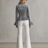 Fitted Grey Denim Jacket Women Ruffle Hem Peplum Flare Cuff Feminine