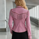 Pink Washed Denim Blazer Double-Breasted Gold Buttons Western Fitted Jacket