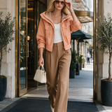 Cropped Orange Leather Jacket Women Leopard Trim Drawstring Hem Fall Moto
