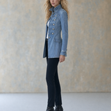 Women's Military Style Fitted Light Wash Denim Jacket With Decorative Buttons