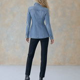 Women's Military Style Fitted Light Wash Denim Jacket With Decorative Buttons