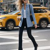 Women's Military Style Fitted Light Wash Denim Jacket With Decorative Buttons