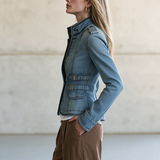 Light Blue Fitted Denim Jacket Women Stand Collar Buckle Belt Detail