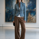 Light Blue Fitted Denim Jacket Women Stand Collar Buckle Belt Detail