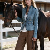 Light Blue Fitted Denim Jacket Women Stand Collar Buckle Belt Detail