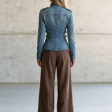Light Blue Fitted Denim Jacket Women Stand Collar Buckle Belt Detail