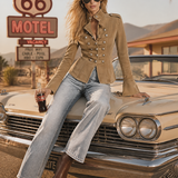 Khaki Military Denim Jacket Women Stand Collar Double-Breasted Fitted