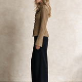 Khaki Military Denim Jacket Women Stand Collar Double-Breasted Fitted