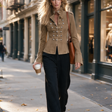 Khaki Military Denim Jacket Women Stand Collar Double-Breasted Fitted