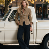Khaki Military Denim Jacket Women Stand Collar Double-Breasted Fitted