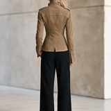 Khaki Military Denim Jacket Women Stand Collar Double-Breasted Fitted