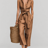 Women's Tobacco Brown Linen Jumpsuit With Self-Tie Waist & Collared V-Neck, Timeless Resort-Casual Style Jumpsuit MDZ0638B5I