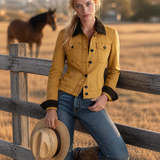 Mustard Yellow Fitted Denim Jacket Women Contrast Collar Western Cropped