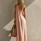 Women's Elegant Pink Cotton-Linen One-Shoulder Sleeveless Maxi Dress MDZ0829E1LXY