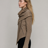 Women's Asymmetrical Zip Denim Jacket Draped Collar Moto Style