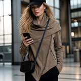 Women's Asymmetrical Zip Denim Jacket Draped Collar Moto Style